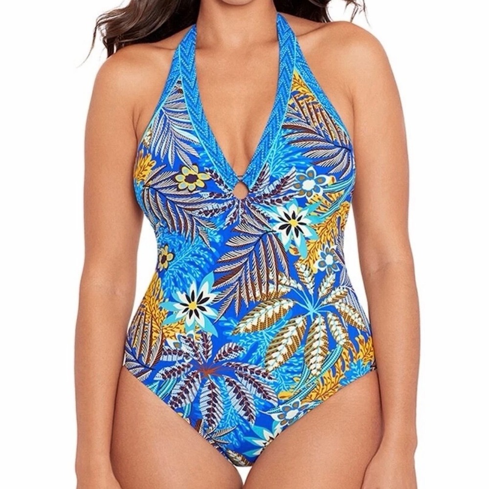 Skinny Dippers by Miraclesuit One Piece Swimsuit Blue Tropical Floral Halter L